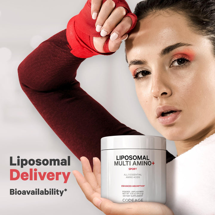 Codeage Liposomal Multi Amino Pre-Workout Setup depicts powder ready for training.