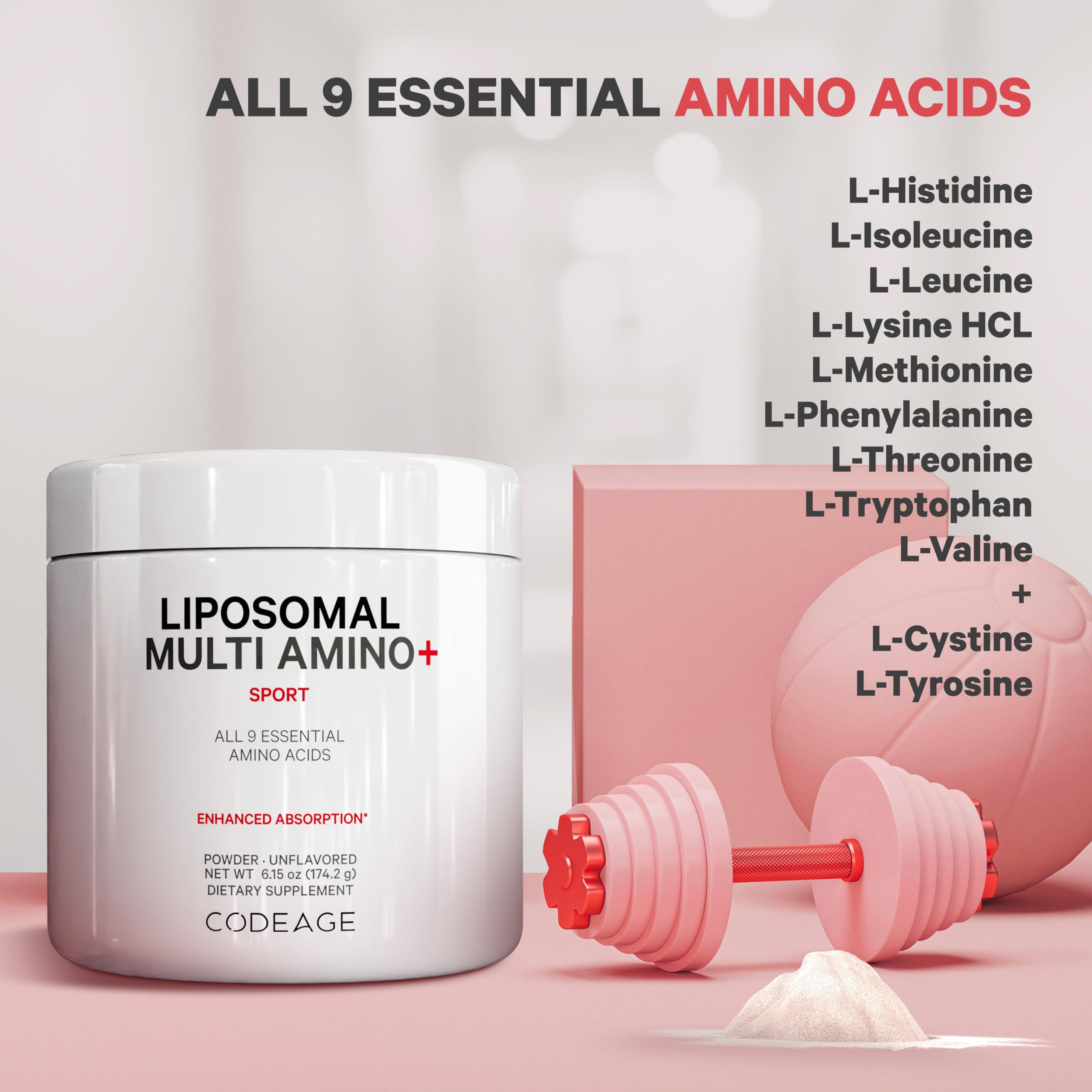 Codeage Liposomal Multi Amino Unflavored Jar highlights vegan, allergen-free formula for diverse diets.