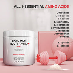 Codeage Liposomal Multi Amino Unflavored Jar highlights vegan, allergen-free formula for diverse diets.
