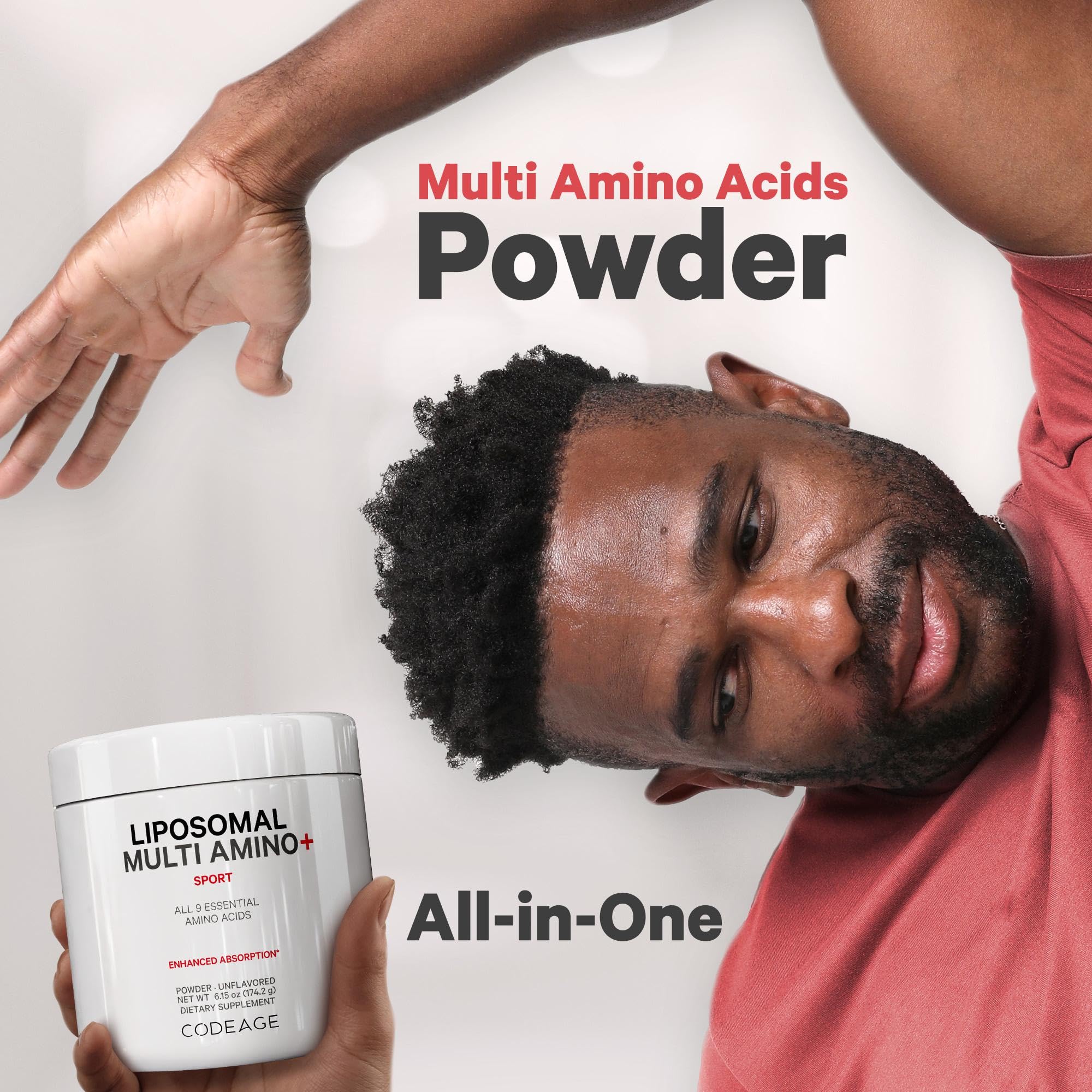 Codeage Liposomal Multi Amino Pour Scene shows powder being mixed into a drink.