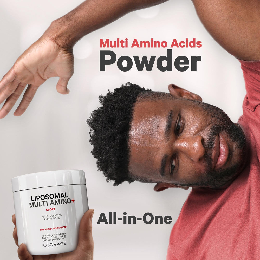 Codeage Liposomal Multi Amino Pour Scene shows powder being mixed into a drink.