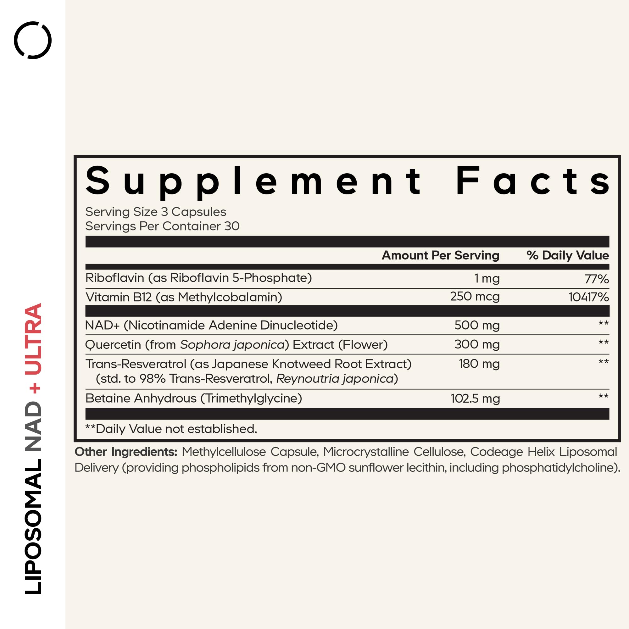 Close-up of Codeage Liposomal NAD+ Plus label highlighting potency.