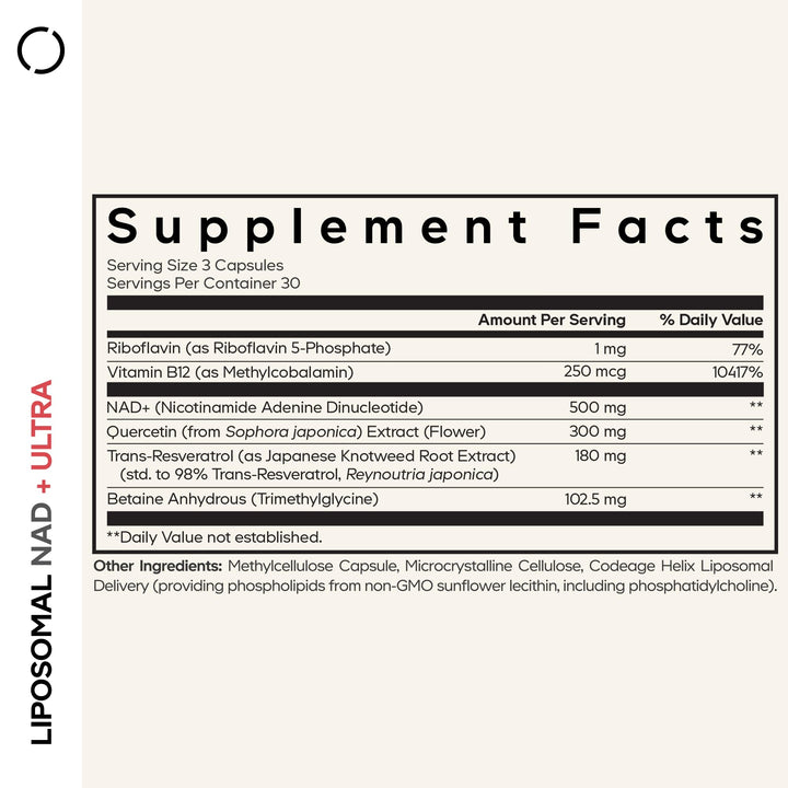 Close-up of Codeage Liposomal NAD+ Plus label highlighting potency.
