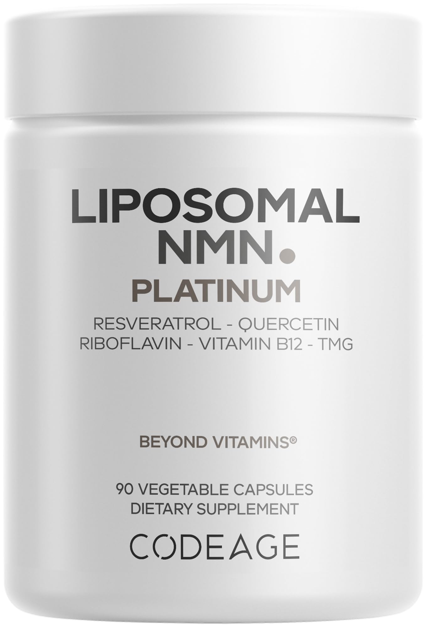 Codeage Liposomal NMN Platinum bottle front view highlighting 500 mg NMN per serving for daily use.