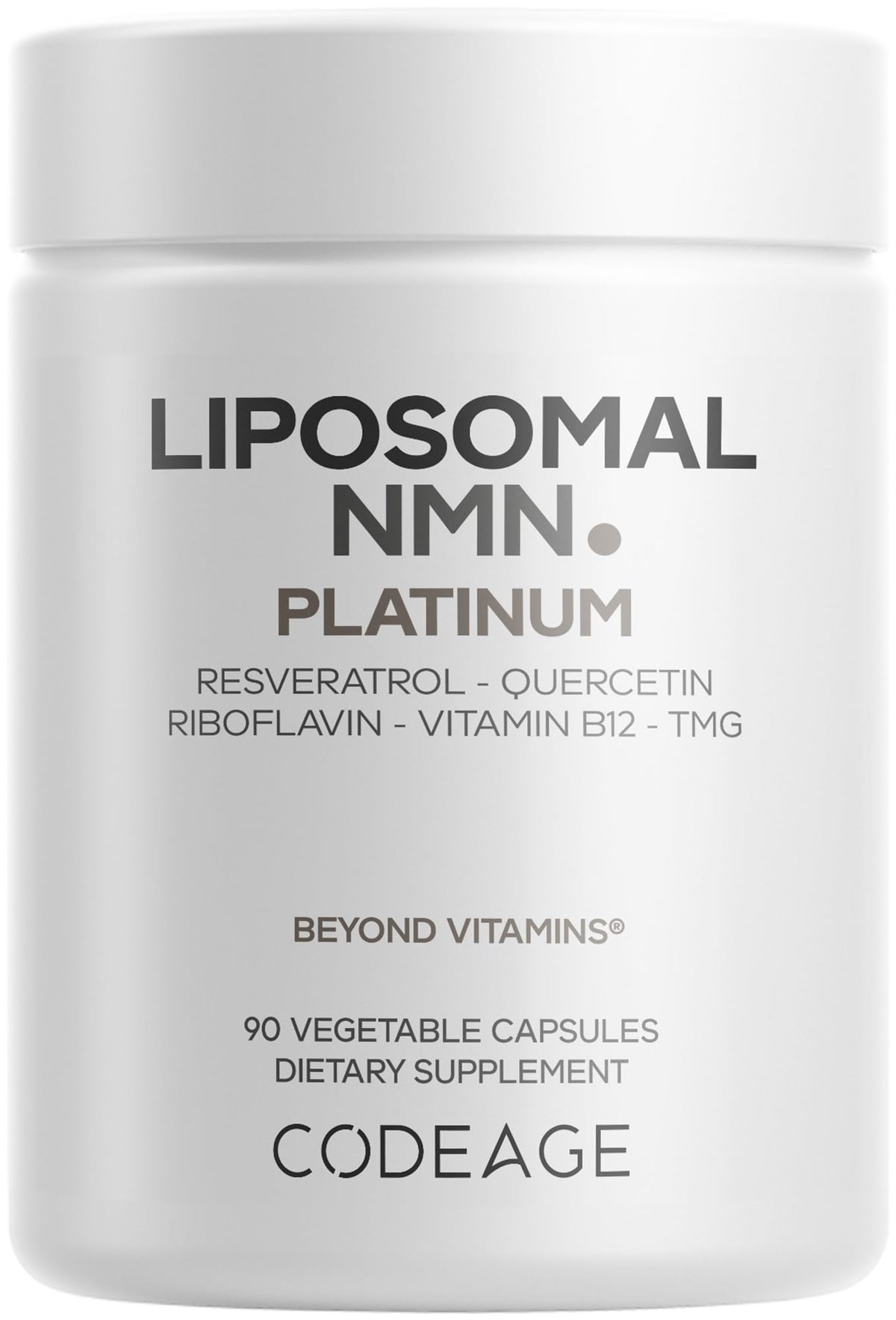 Codeage Liposomal NMN Platinum bottle front view highlighting 500 mg NMN per serving for daily use.