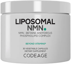 Codeage Liposomal NMN & TMG capsule close-up for daily NAD+ precursor support.