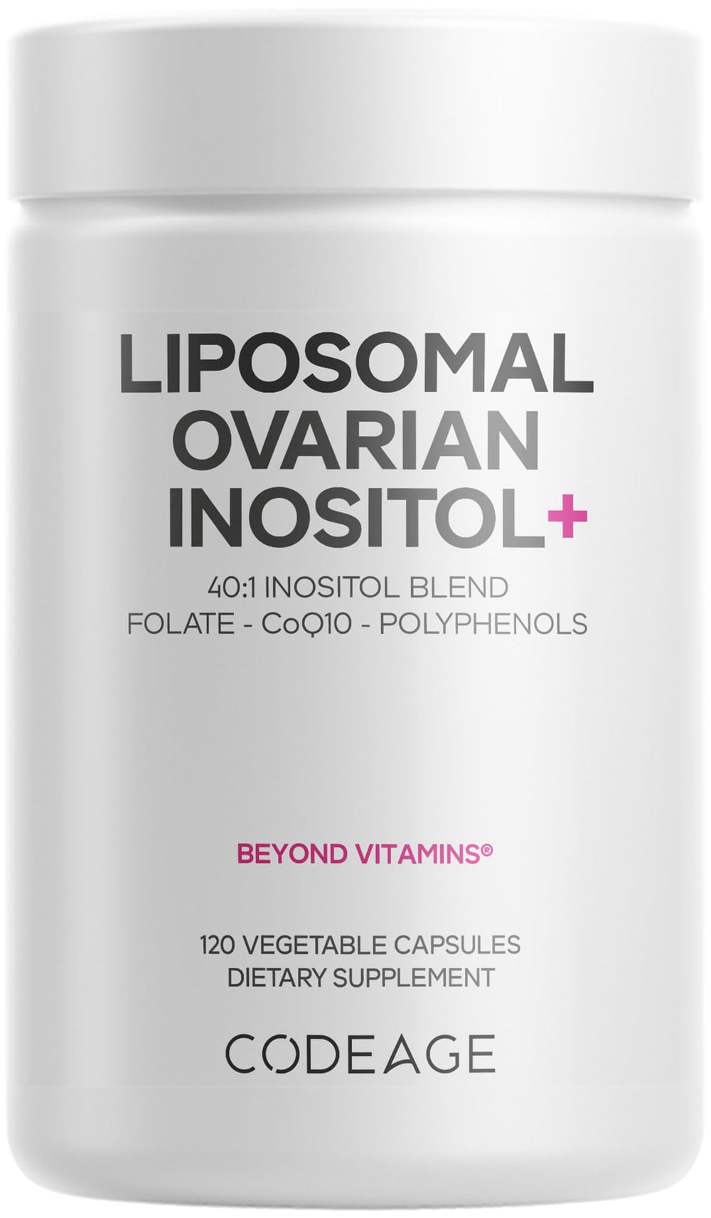 Codeage Liposomal Ovarian Inositol+ bottle on a clean surface for daily wellness support.