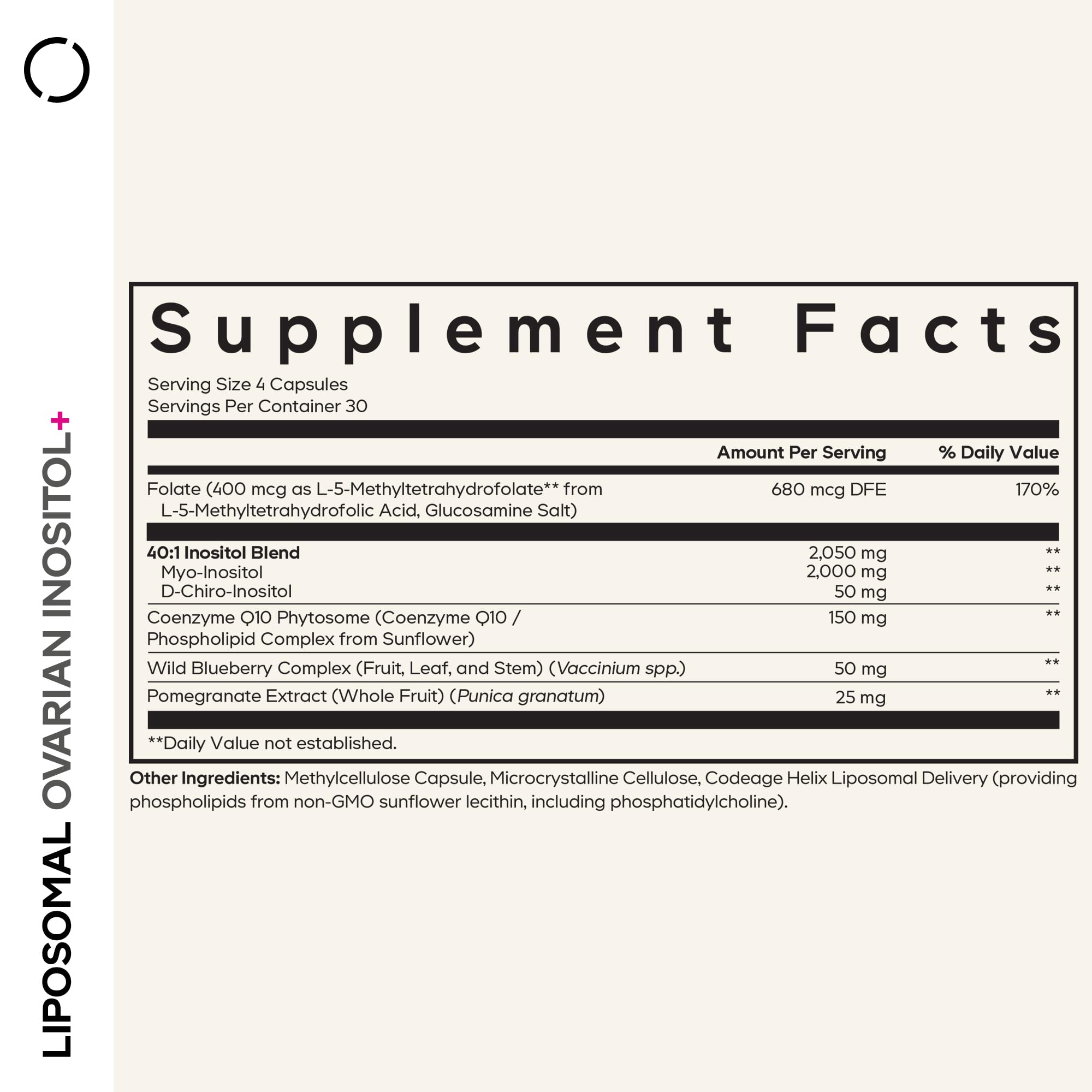 Codeage Liposomal Ovarian Inositol+ capsules close-up highlighting premium liposomal delivery.