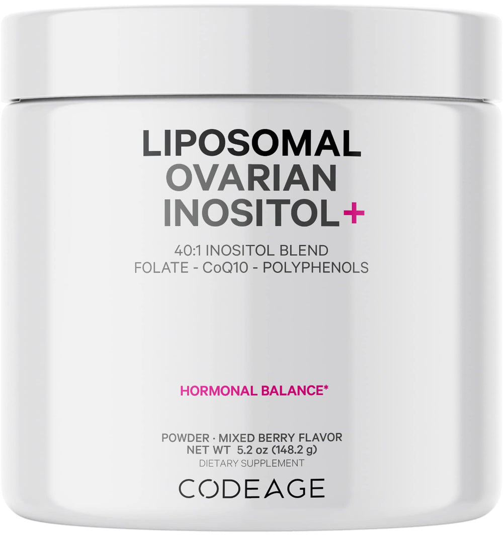 Codeage liposomal ovarian inositol powder bottle for daily use.