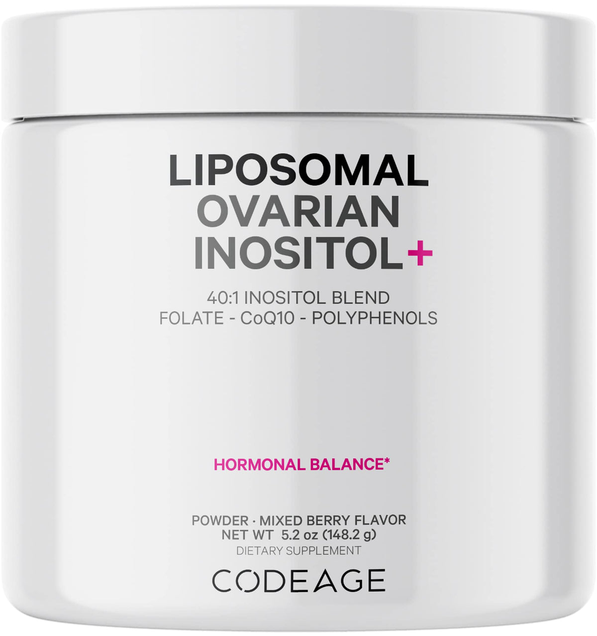 Codeage liposomal ovarian inositol powder bottle for daily use.