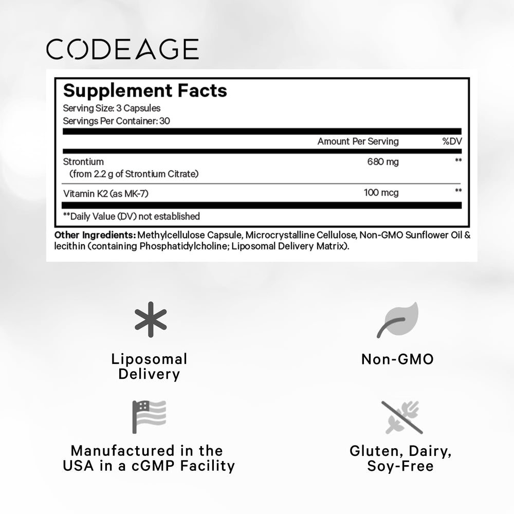 Codeage Liposomal Strontium capsules close-up emphasizes smooth texture and quality.