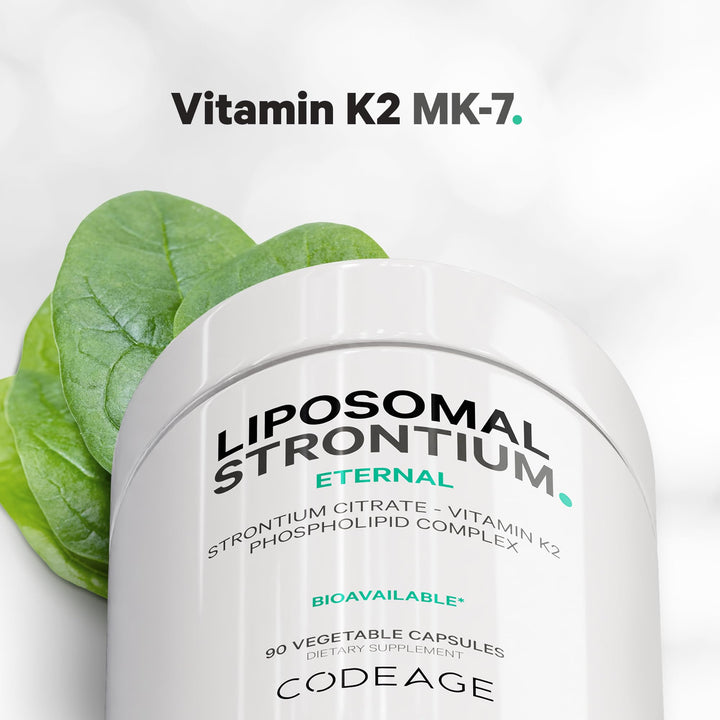 Codeage Liposomal Strontium supplement ingredient icons illustrate advanced liposomal delivery.