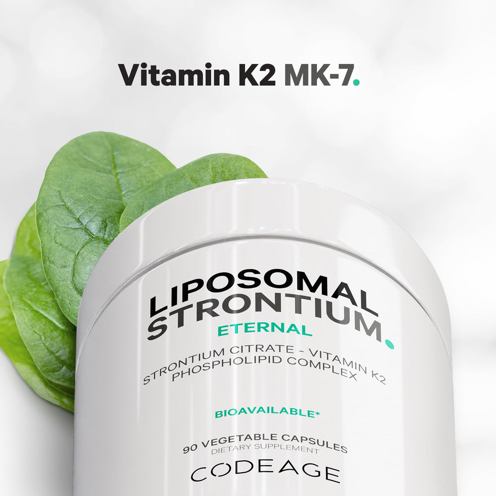 Codeage Liposomal Strontium supplement ingredient icons illustrate advanced liposomal delivery.
