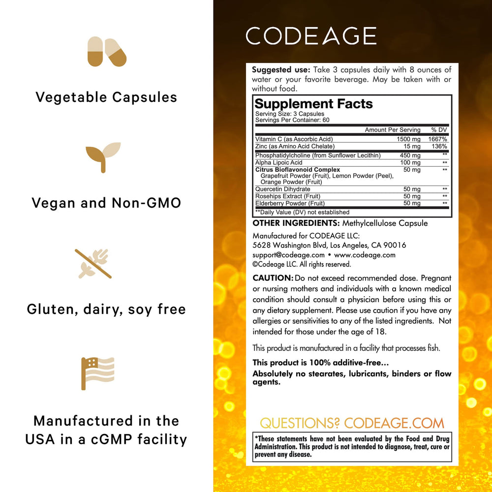 Codeage liposomal vitamin C capsules close-up highlighting zinc and bioflavonoids