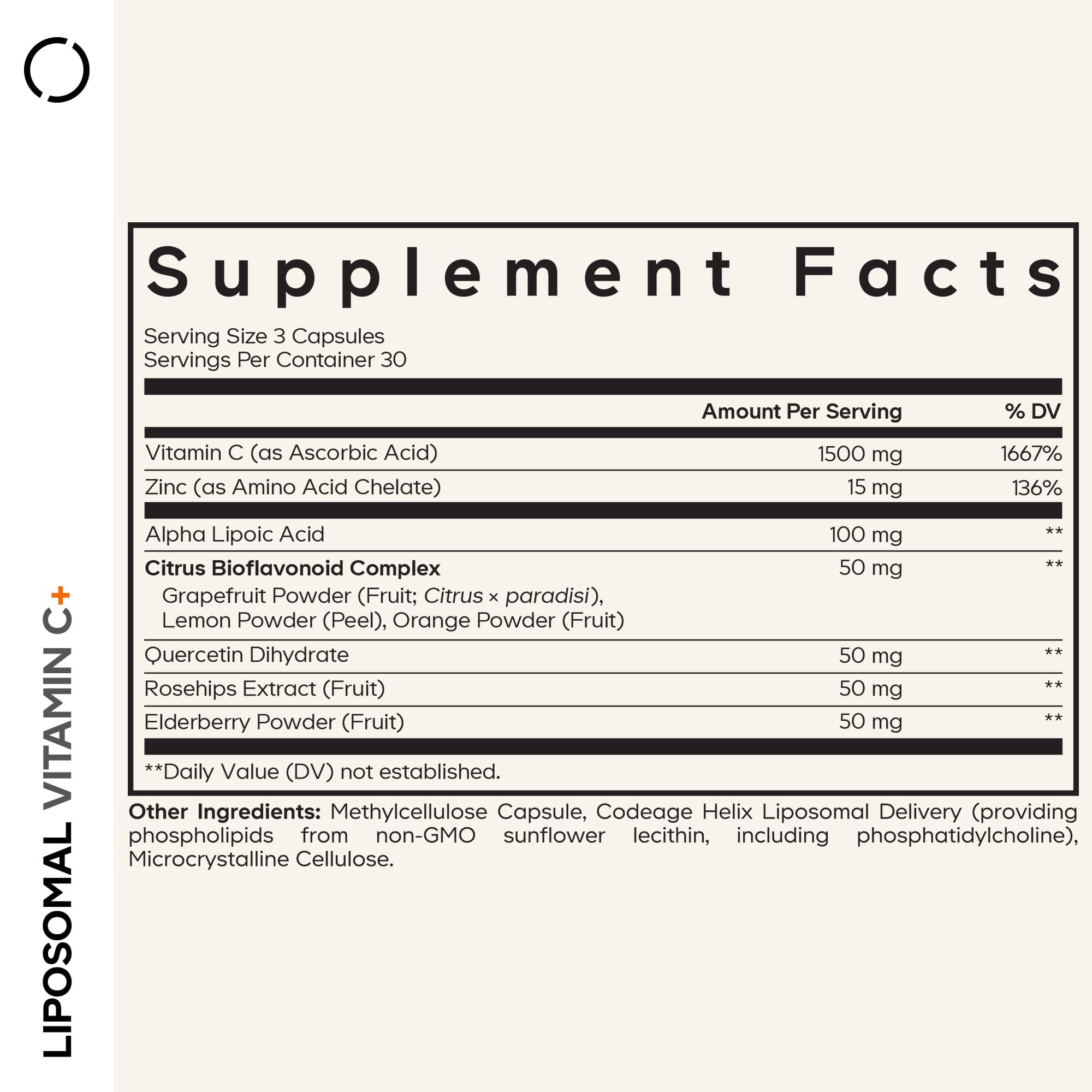 Codeage Liposomal Vitamin C+ ingredients panel highlights zinc and bioflavonoids.