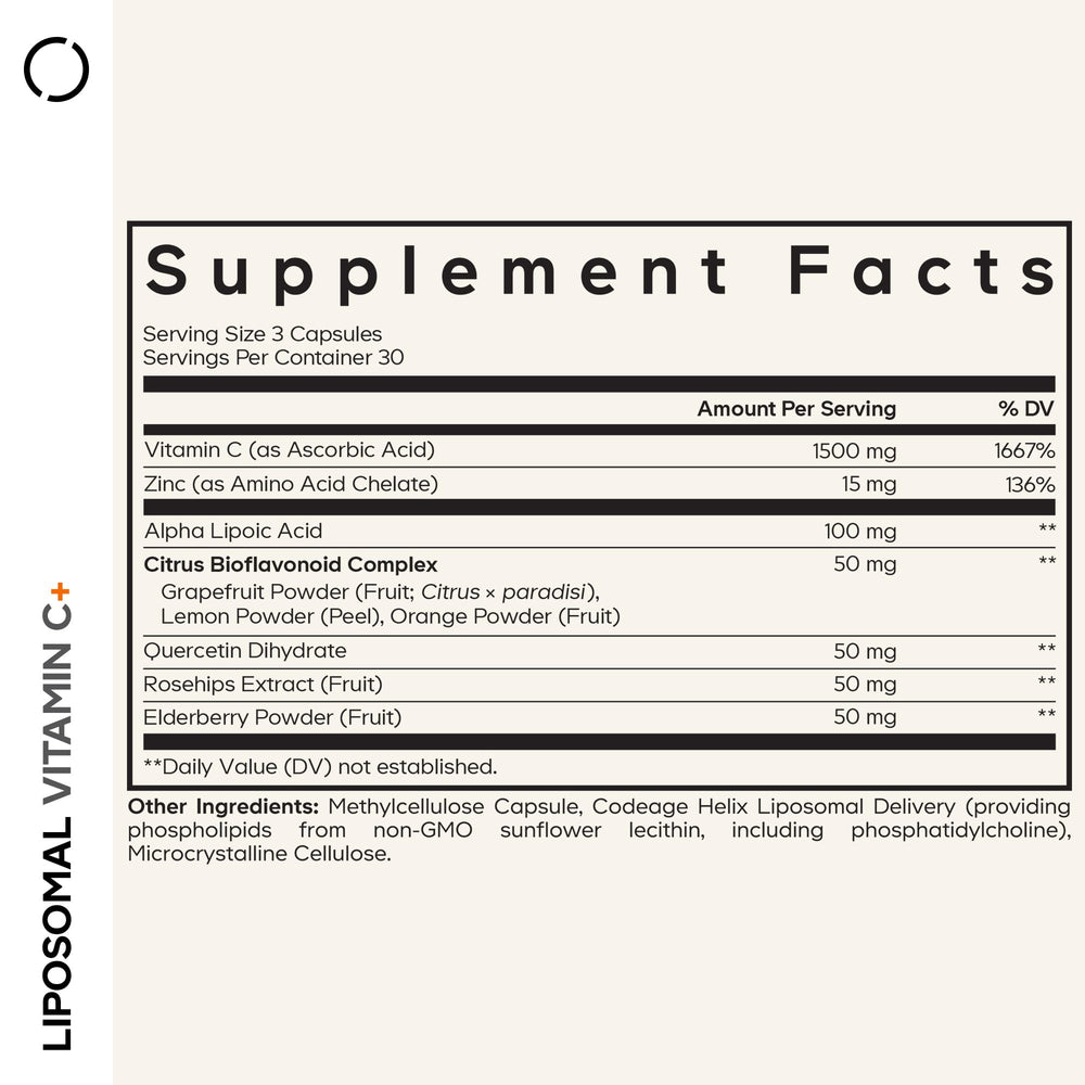 Codeage Liposomal Vitamin C+ ingredients panel highlights zinc and bioflavonoids.