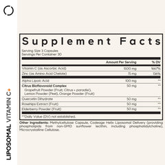 Codeage Liposomal Vitamin C+ ingredients panel highlights zinc and bioflavonoids.