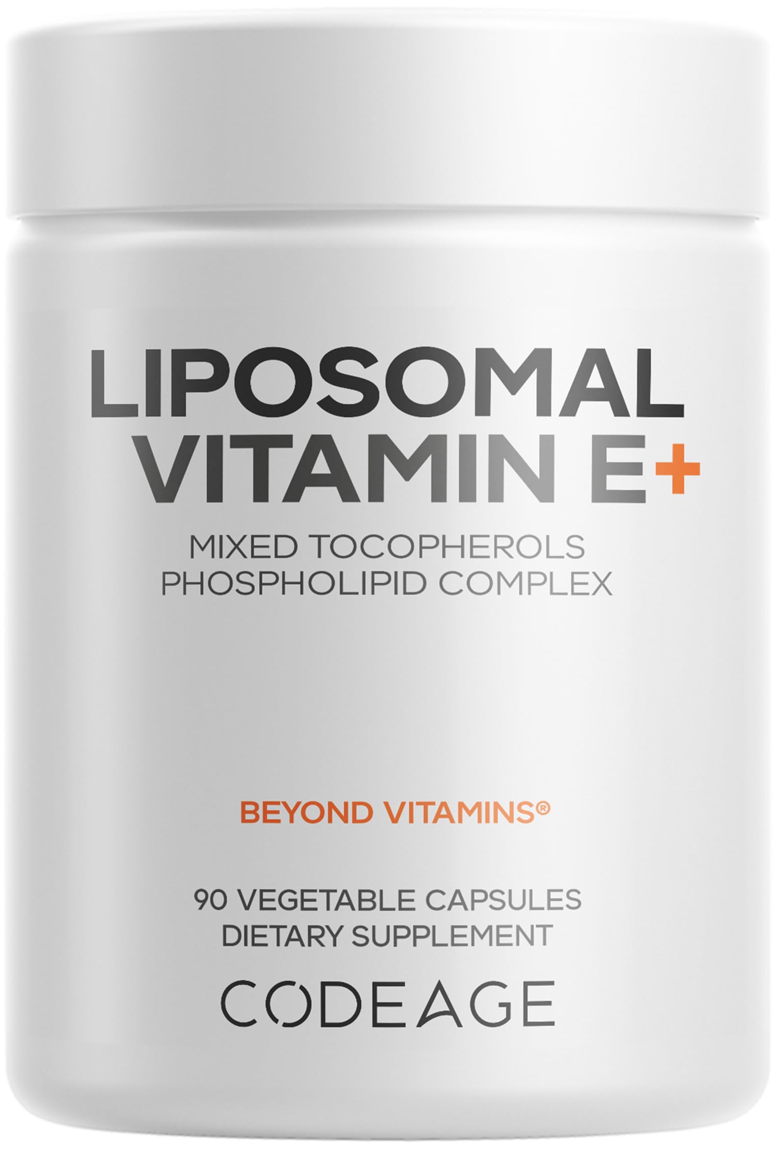 Codeage liposomal vitamin E bottle displaying a premium tocopherol blend for daily support