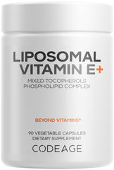 Codeage liposomal vitamin E bottle displaying a premium tocopherol blend for daily support