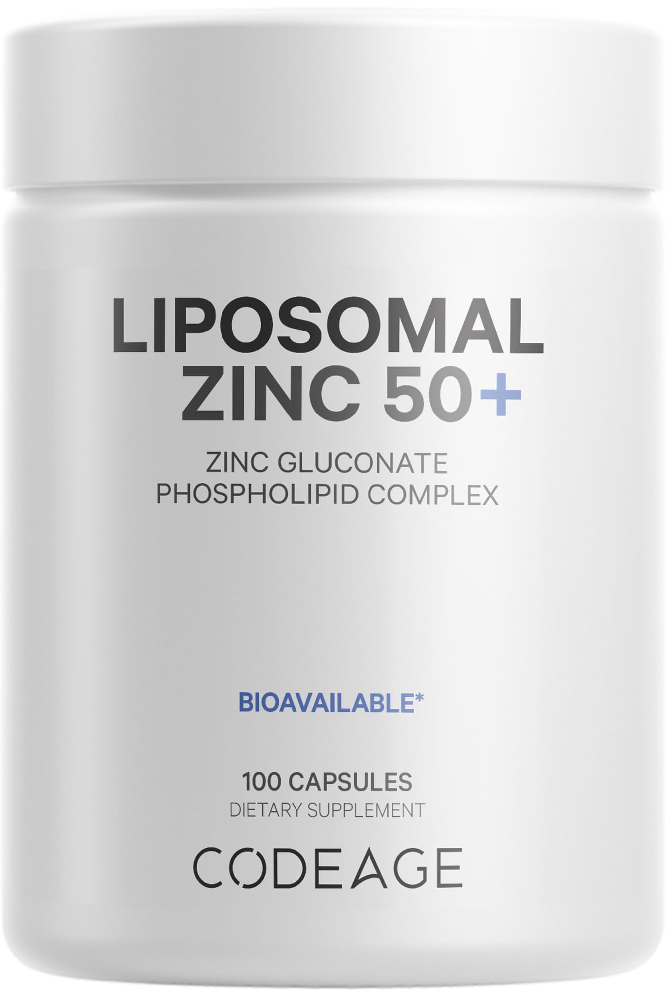 Codeage Liposomal Zinc bottle front shows a convenient daily capsule option for wellness.