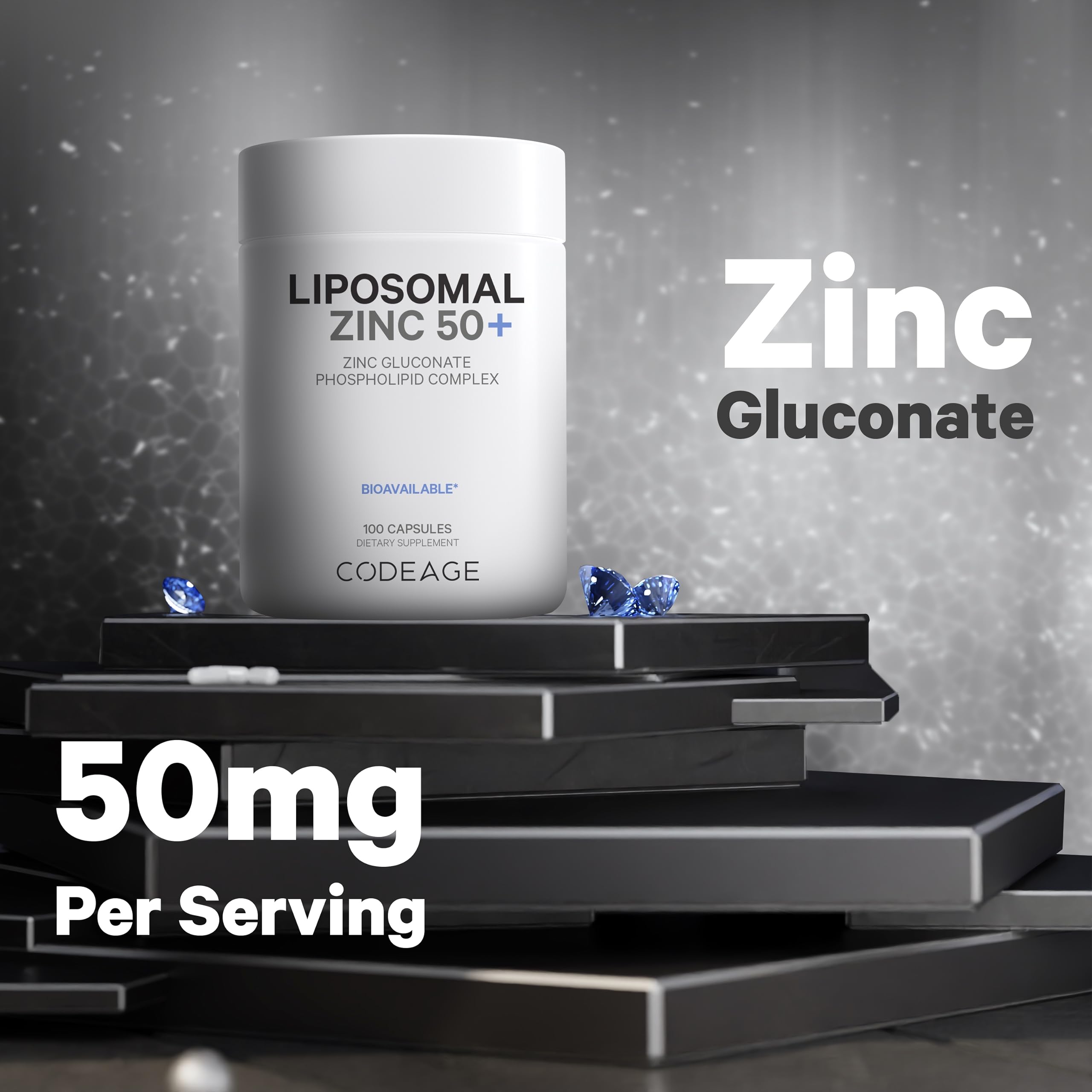 Codeage Liposomal Zinc capsule closeup emphasizes the easy-to-swallow soft gel.