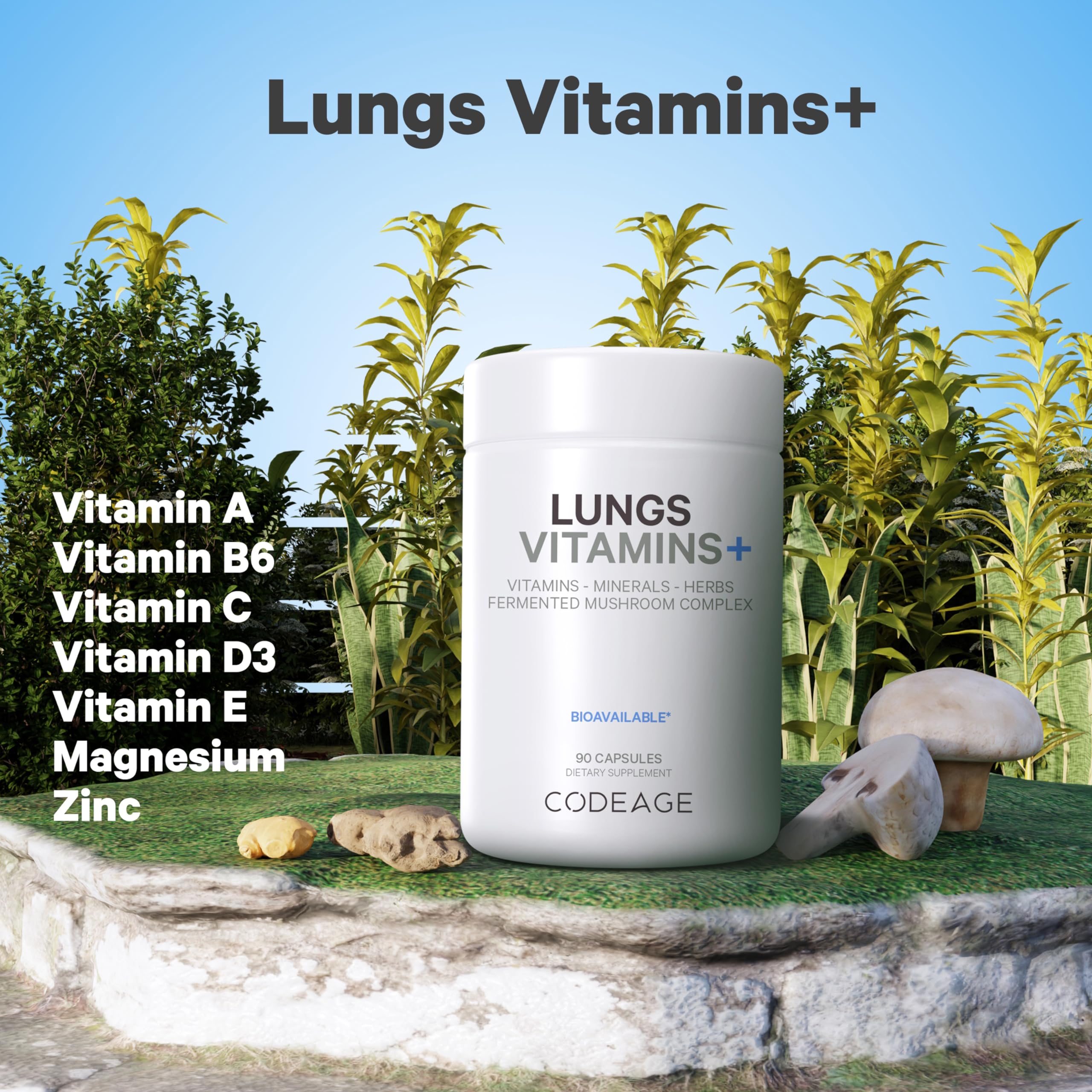 Codeage Lungs fermented ginger root component highlight.