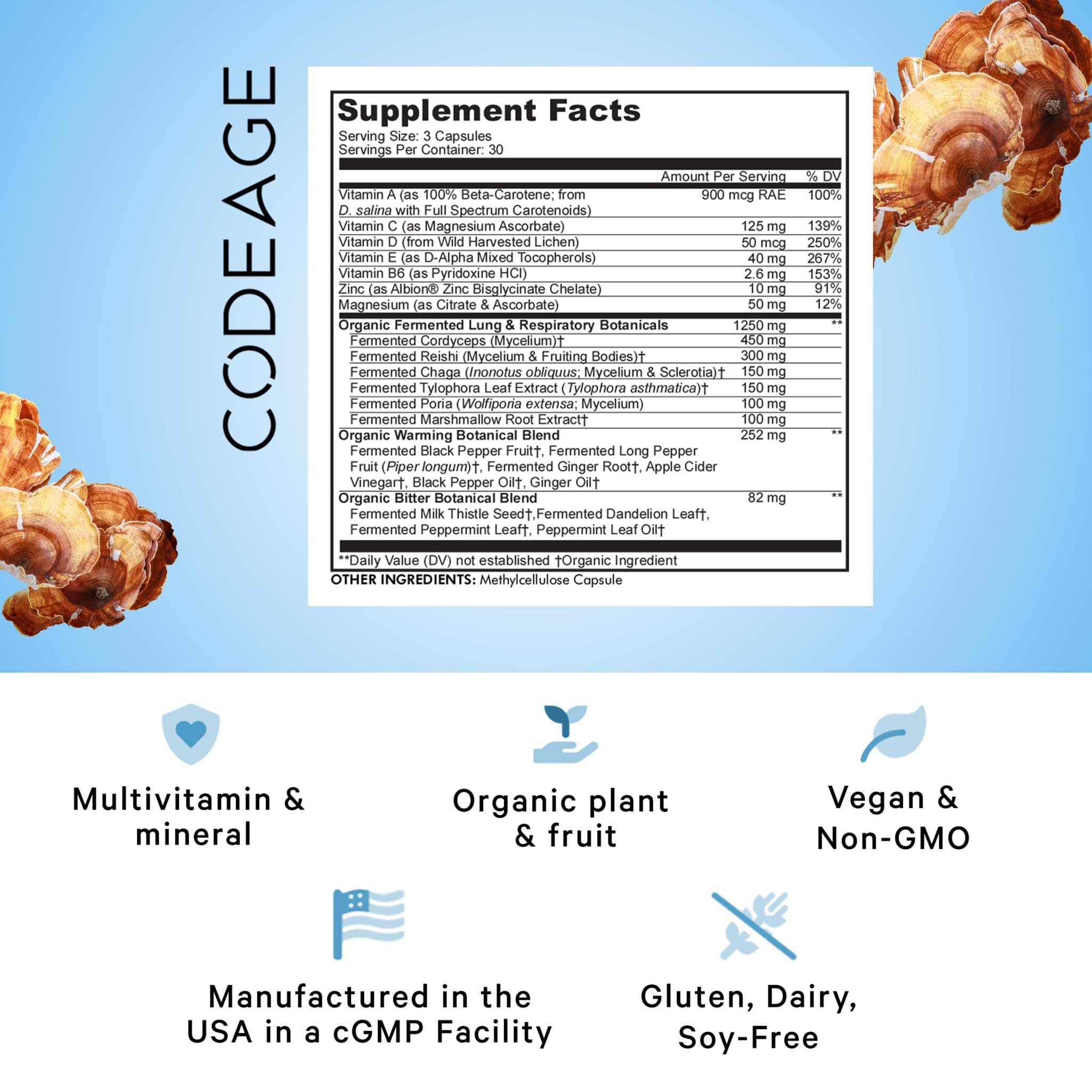Codeage Lungs ingredients chart highlighting beta-carotene and essential minerals.
