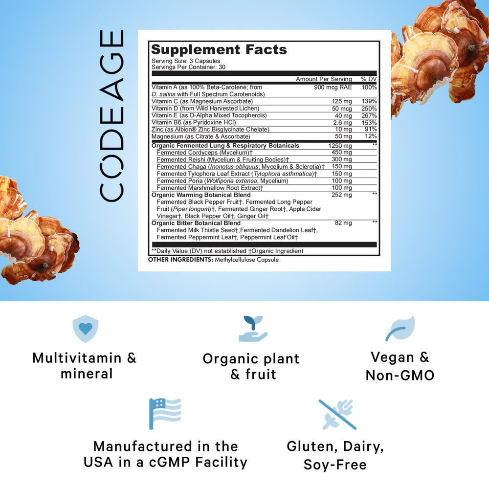 Codeage Lungs ingredients chart highlighting beta-carotene and essential minerals.