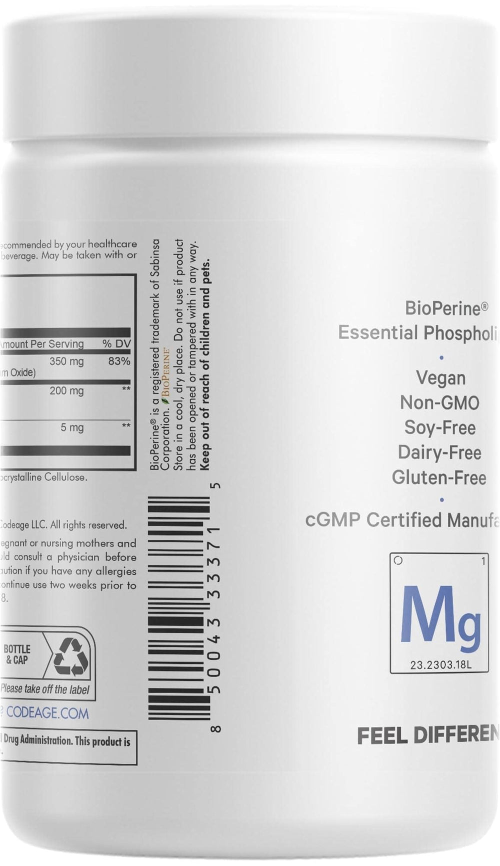 Codeage made-in-usa facility label indicates vegan non-GMO gluten-free production.