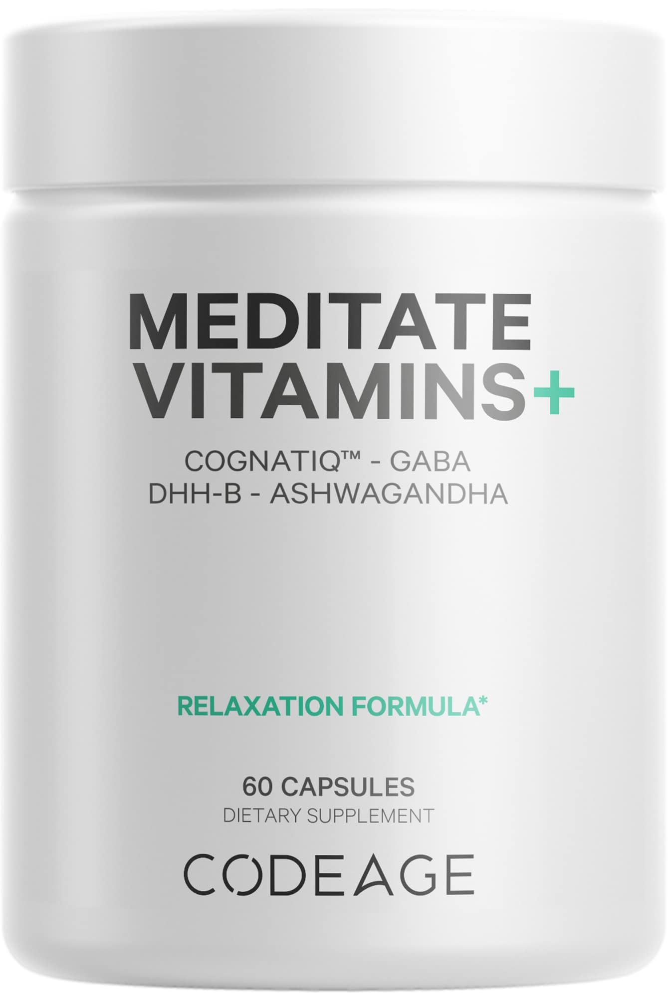 Codeage Meditate vitamins bottle front highlighting CognatiQ content for daily brain support.
