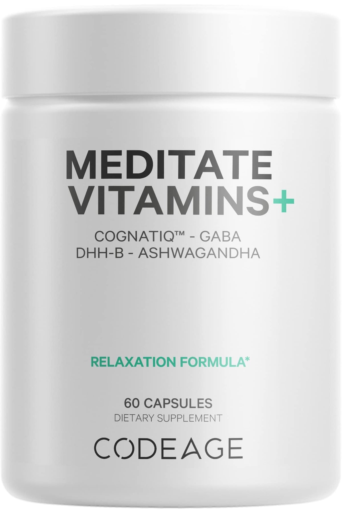 Codeage Meditate vitamins bottle front highlighting CognatiQ content for daily brain support.