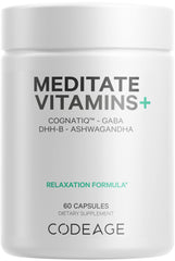 Codeage Meditate vitamins bottle front highlighting CognatiQ content for daily brain support.