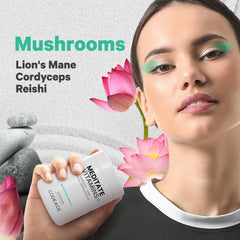 Codeage Meditate bottle with label close-up highlighting organic mushroom blend.