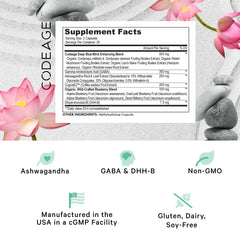 Codeage Meditate ingredients graphic highlighting DHH-B, GABA, and ashwagandha.