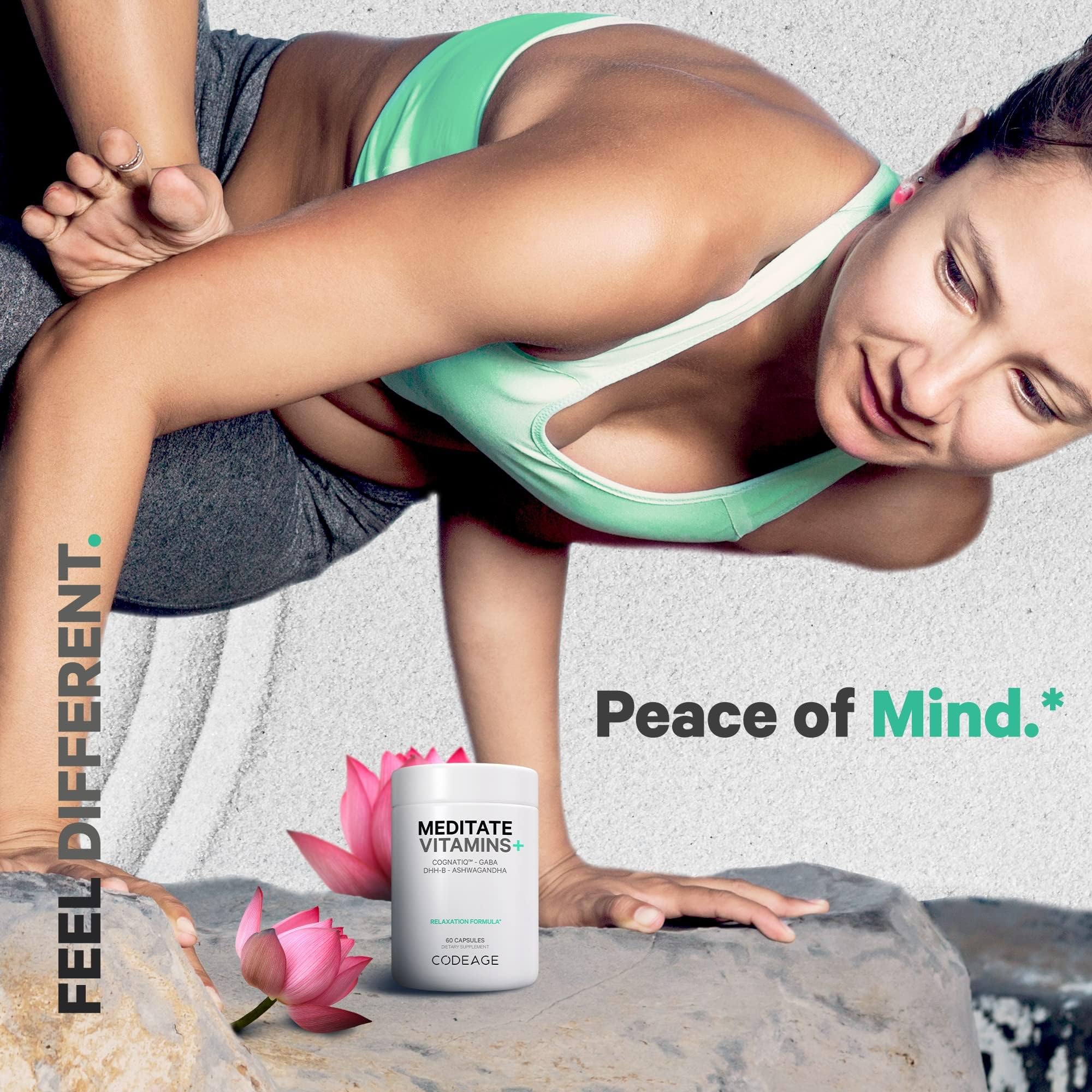 Codeage Meditate packaging displays vegan and non-GMO symbols.