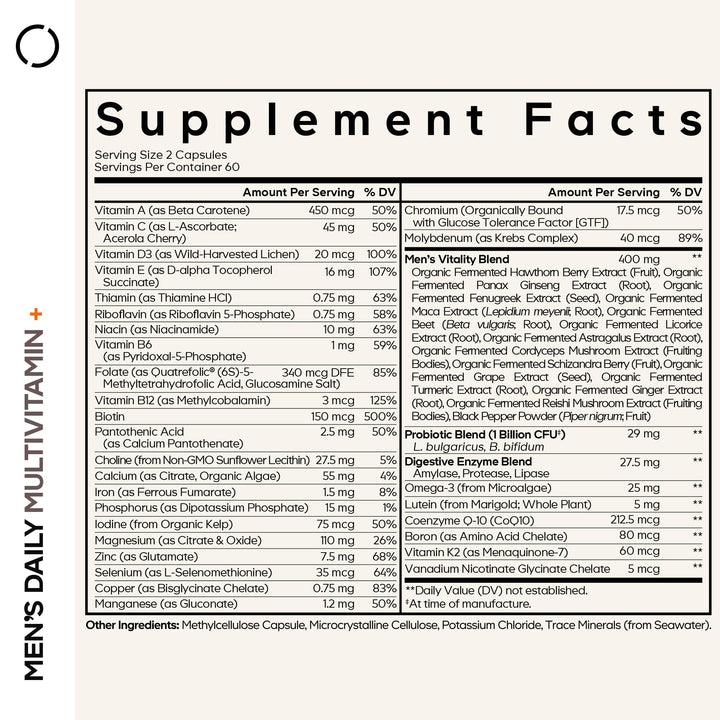 Codeage Men’s Daily Multivitamin bottle back shows ingredients and third-party testing