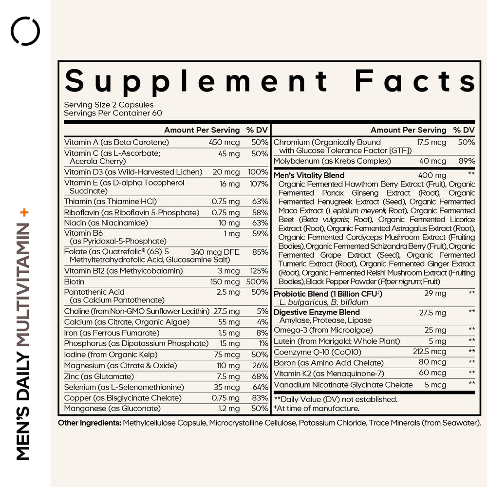 Codeage Men’s Daily Multivitamin bottle back shows ingredients and third-party testing