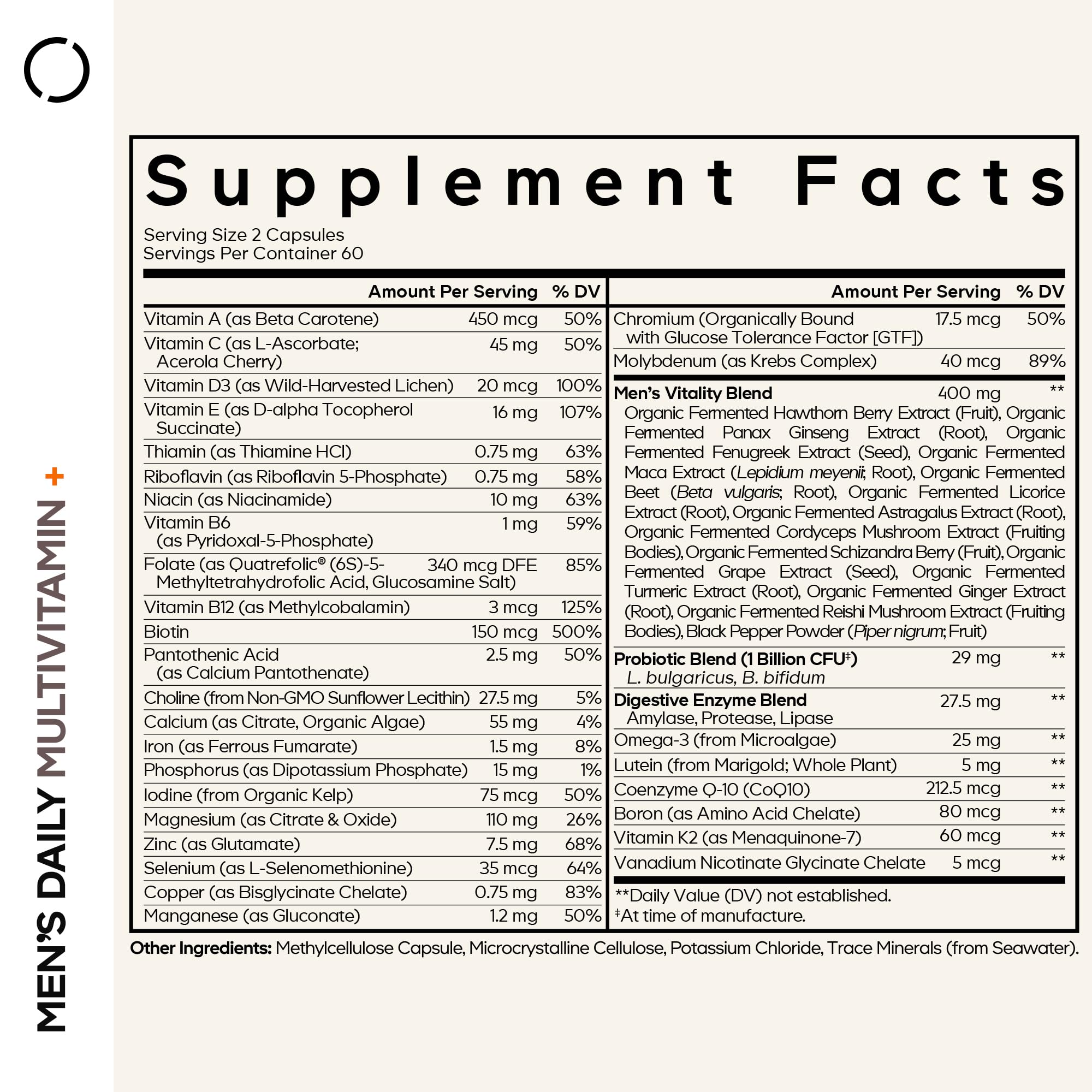 Codeage Men's Daily Multivitamin bottle side highlights vegan, non-GMO ingredients