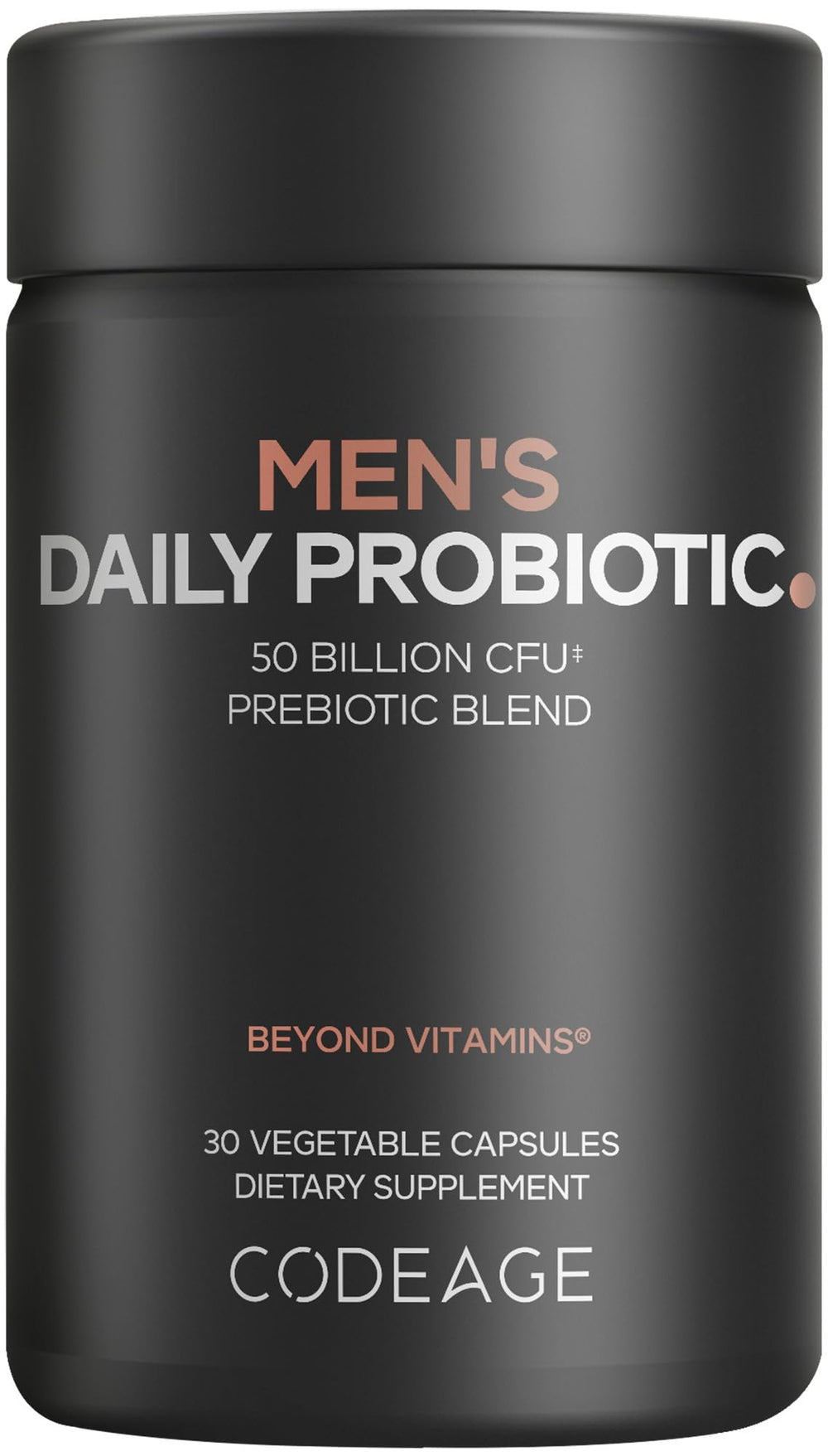 Codeage Men's Daily Probiotic bottle front view with 50 Billion CFU per capsule supports daily gut balance.