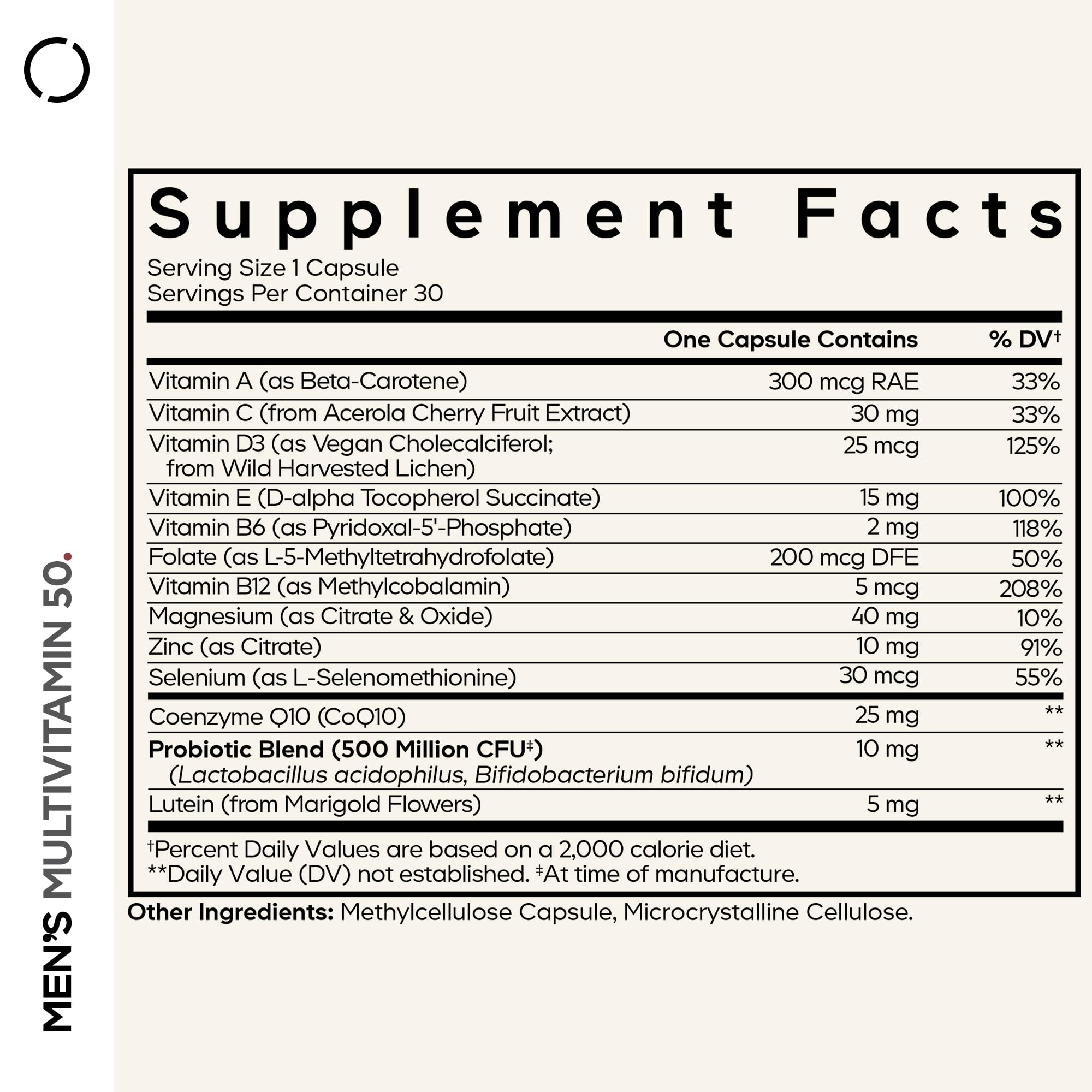 Codeage Men's Multivitamin 50 label shows transparent ingredient details.