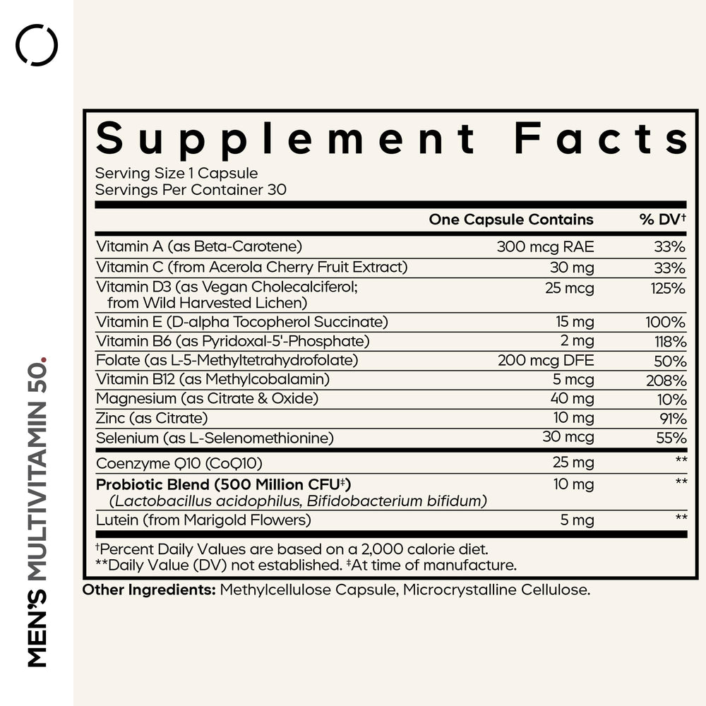 Codeage Men's Multivitamin 50 label shows transparent ingredient details.