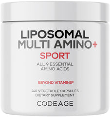 Codeage Multi Amino+ bottle showing full essential amino acids on the label.