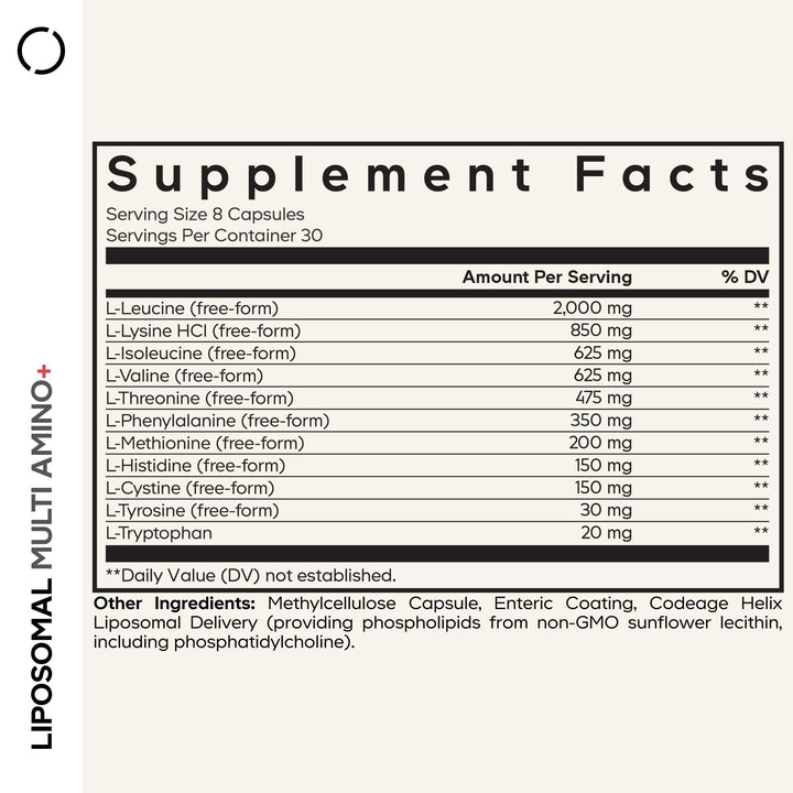 Codeage Multi Amino+ capsules close-up highlighting free-form amino acids.