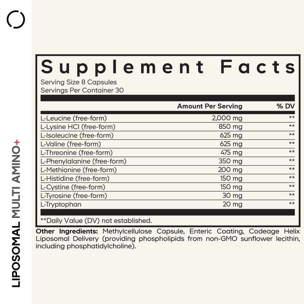 Codeage Multi Amino+ capsules close-up highlighting free-form amino acids.