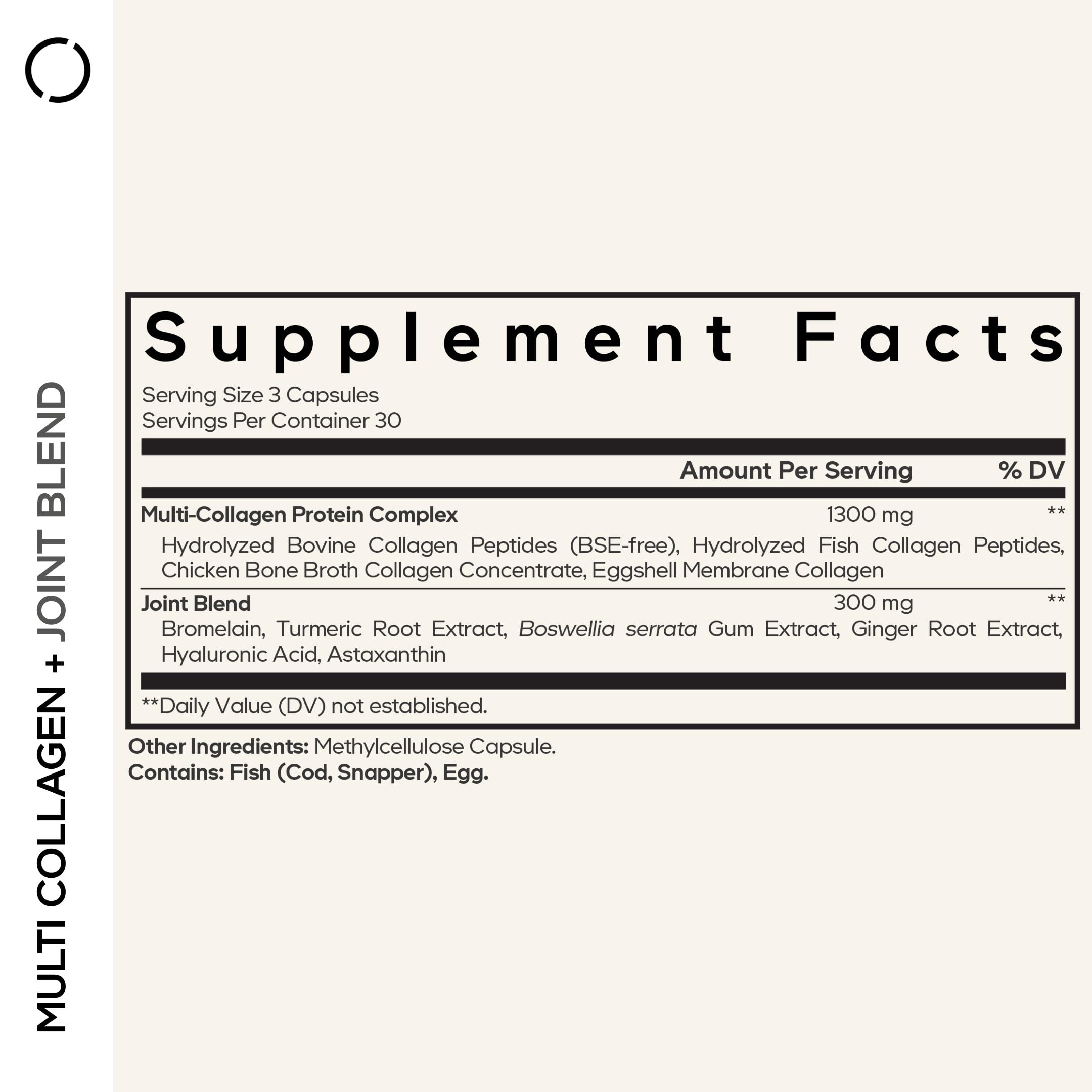 Codeage Multi Collagen capsules closeup showing convenient daily dosing for support.