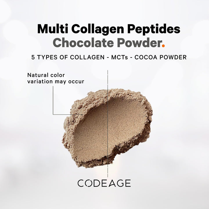 Codeage Multi Collagen Chocolate Powder MCT Oil bottle visible on shelf.
