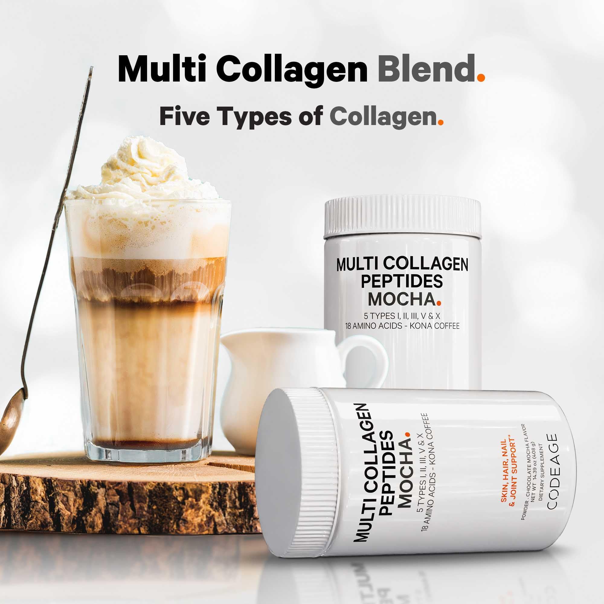 Codeage hot-mug shot highlights a low-acid Kona coffee collagen drink