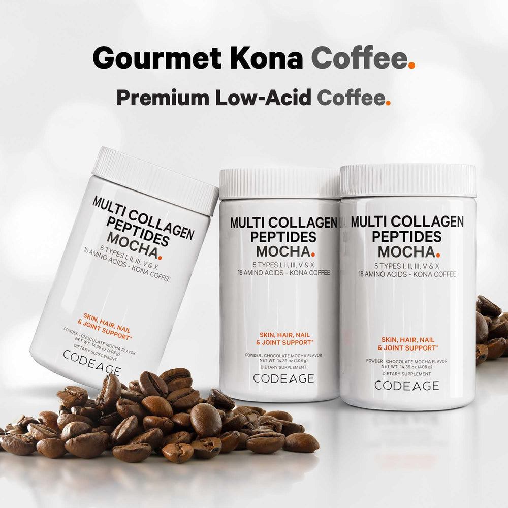 Codeage iced-glass image suggests a refreshing cold collagen coffee treat