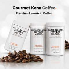 Codeage iced-glass image suggests a refreshing cold collagen coffee treat