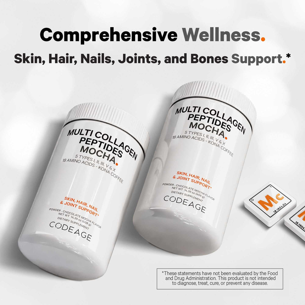 Codeage ingredients-sources panel features five collagen types and grass-fed sourcing